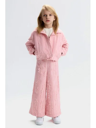 Kız Çocuk Pudra Pembe Püskül Detaylı Takım – Ceket & Wide Leg Pantolon (4-8 Yaş)