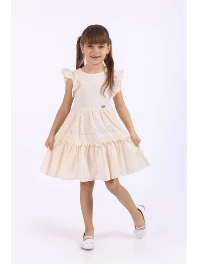 Ekru Fırfırlı Kız Çocuk Elbise Nakışlı Yazlık | 2-8 Yaş – My Lorin Kids