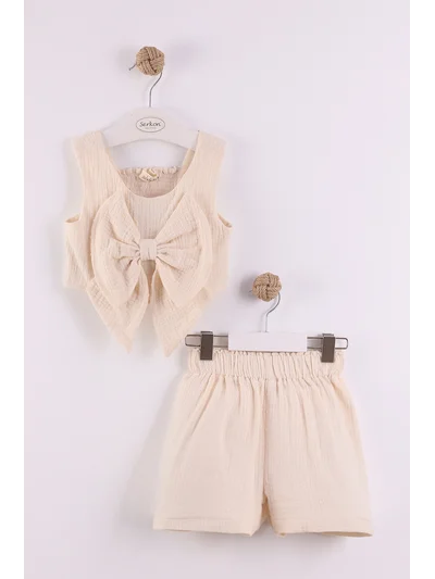 Müslin Crop Şort Takım 2-8 yaş bej