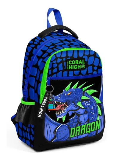 Coral High Kids Siyah Saks Ejderha Desenli Üç Bölmeli Okul Sırt Çantası 23485