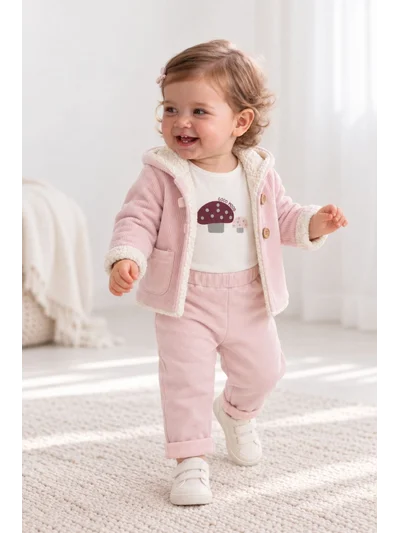 Pembe Peluş Astarlı Kapüşonlu 3'lü Kız Bebek Takım