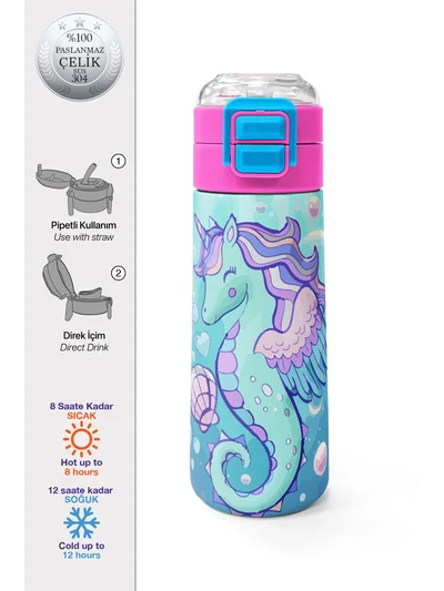 Coral High Kids Unicorn Denizatı Desenli Pipetli ve Direkt İçim Çelik Termos 500 ml 38138