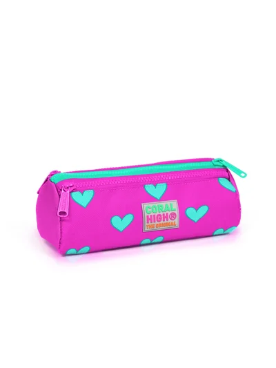 Coral High Kids Neon Pembe Su Yeşili Kalp Desenli Üç Bölmeli Kalem Çantası 22317