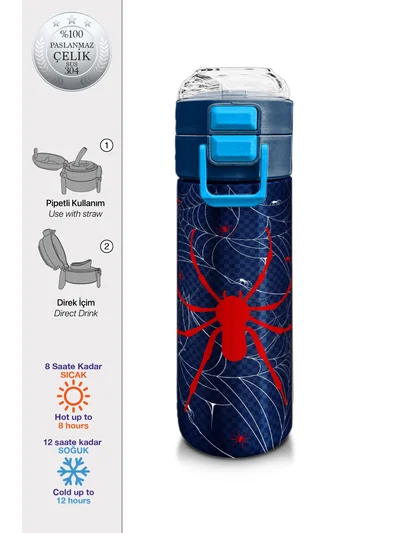 Coral High Kids Lacivert Kırmızı Örümcek Desenli Pipetli ve Direkt İçim Çelik Termos 500 ml 