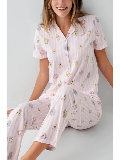 Anne Çocuk Pijama Takımı – Çizgili Köpek Desenli Kısa Kollu | My Lorin Kids