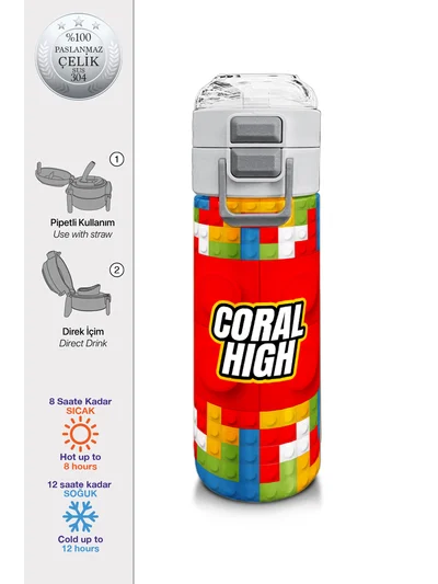 Coral High Kids Blok Desenli Pipetli ve Direkt İçim Çelik Termos 500 ml