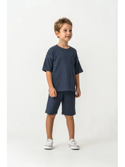 Erkek Çocuk Dokulu Şort Takım – Nakış Detaylı T-Shirt & Şort | My Lorin Kids lacivert