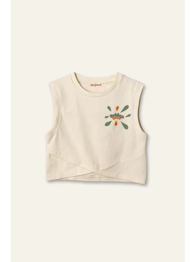 Kız Çocuk Baskılı Kolsuz T-shirt - Krem