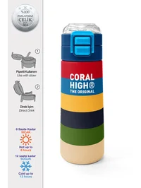 Coral High Kids Çok Renkli Çizgi Desenli Pipetli ve Direkt İçim Çelik Termos 500 ml