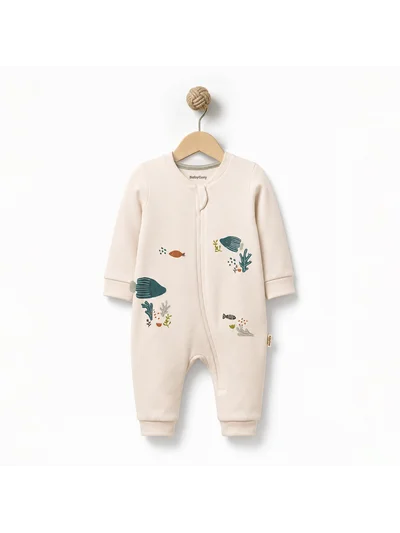 Baby Cosy Ekru Deniz Altı Balık Desenli Fermuarlı Bebek Tulum