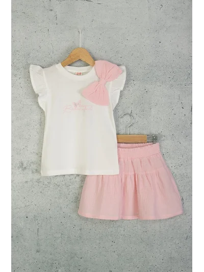 Kız Çocuk Pudra Etekli Fiyonklu Takım 4-9 Yaş | My Lorin Kids