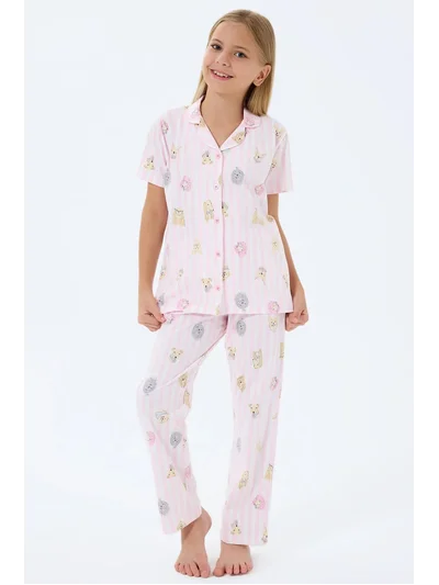 Kız Çocuk Pijama Takımı – Çizgili Köpek Desenli Kısa Kollu | My Lorin Kids