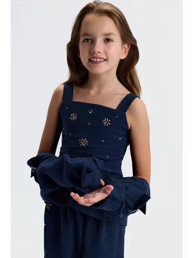 8-14 Yaş Kız Çocuk Lacivert Cashmere Crop ve Pantolon Takım