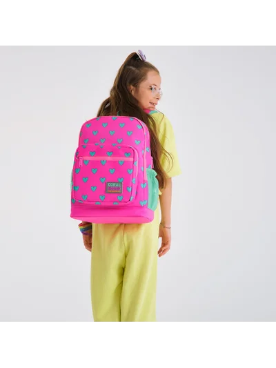 Coral High Kids Neon Pembe Su Yeşili Kalp Desenli Dört Bölmeli Okul Sırt Çantası