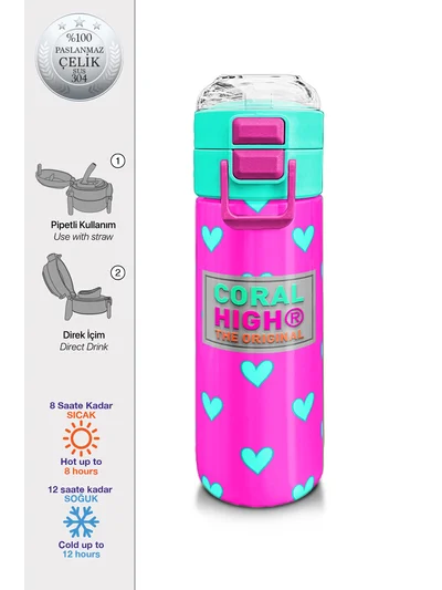 Coral High Kids Neon Pembe Su Yeşili Kalp Desenli Pipetli ve Direkt İçim Çelik Termos