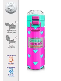 Coral High Kids Neon Pembe Su Yeşili Kalp Desenli Pipetli ve Direkt İçim Çelik Termos