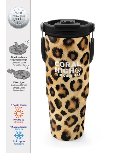 Coral High Kahverengi Leopar Desenli Pipetli ve Direkt İçim Çelik Termos 900 ml