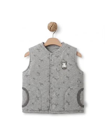 Baby Cosy Zebra Desenli Nakış Detaylı Bebek Yeleği – Gri