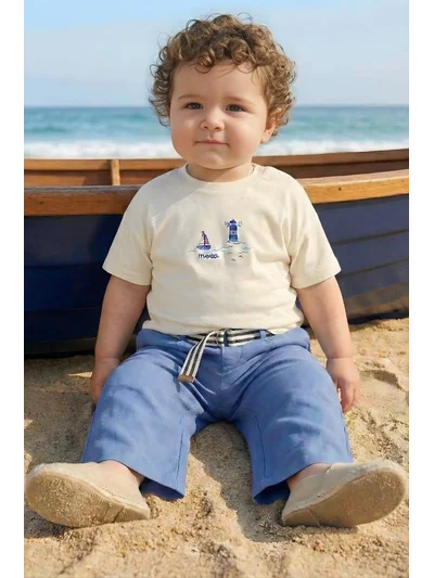 Erkek Bebek Nakışlı T-shirt - Ekru