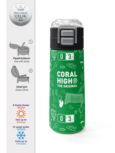 Coral High Kids Yeşil Futbol Desenli Pipetli ve Direkt İçim Çelik Termos 500 ml