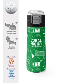 Coral High Kids Yeşil Futbol Desenli Pipetli ve Direkt İçim Çelik Termos 500 ml