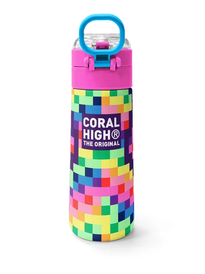 Coral High Kids Çok Renkli Piksel Kalp Desenli Pipetli ve Direkt İçim Çelik Termos 500 ml 38108
