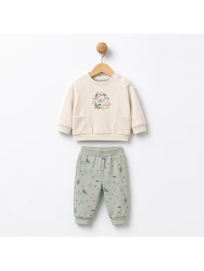 Ekru Deniz Altı Desenli 2'li Bebek Sweatshirt ve Pantolon Takımı
