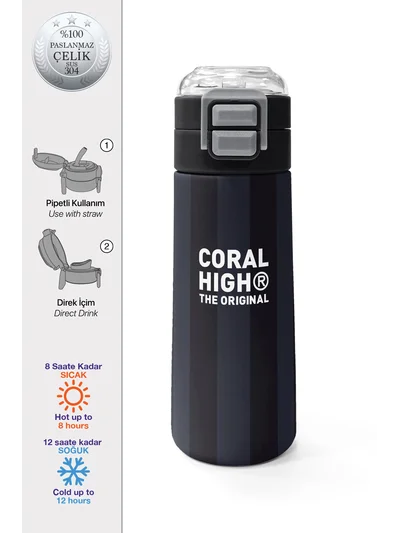 Coral High Kids Siyah Gri Çizgi Desenli Pipetli ve Direkt İçim Çelik Termos 500 ml