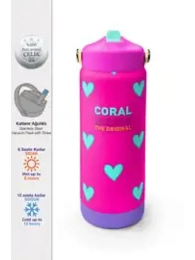 Coral High Neon Pembe Su Yeşili Kalp Katlanır Ağızlıklı Çelik Termos 650 ml