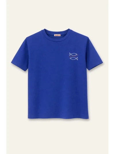 Balık Baskılı Oversize Erkek Çocuk Tshirt sax