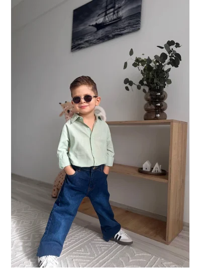 SU YEŞİLİ HAM KETEN GÖMLEK