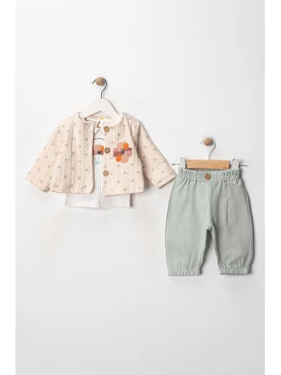 YEŞİL KETEN PANTOLONLU ÜÇLÜ TAKIM 