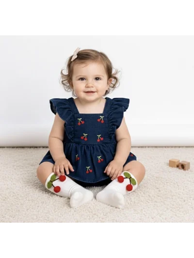KİRAZ NAKIŞLI JEAN ROMPER ÇORAP SET