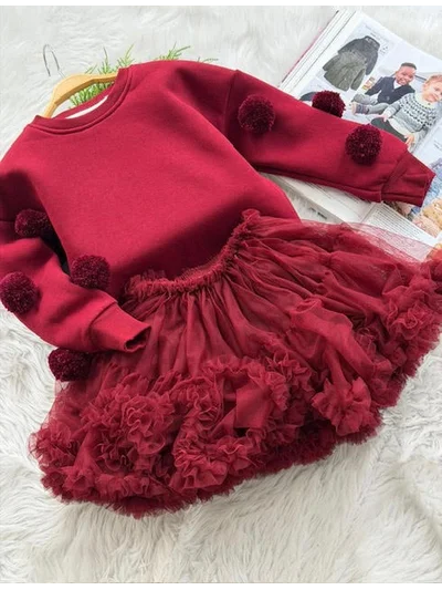 BORDO PONPON DETAYLI TÜTÜ ETEKLİ TAKIM