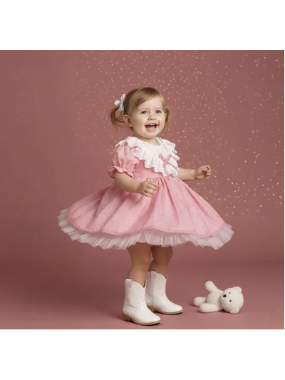 PEMBE PUANTİYELER BEBEK ELBİSESİ