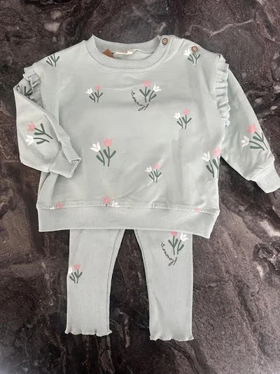 YEŞİL LALE DESENLİ KIZ BEBEK TAKIM