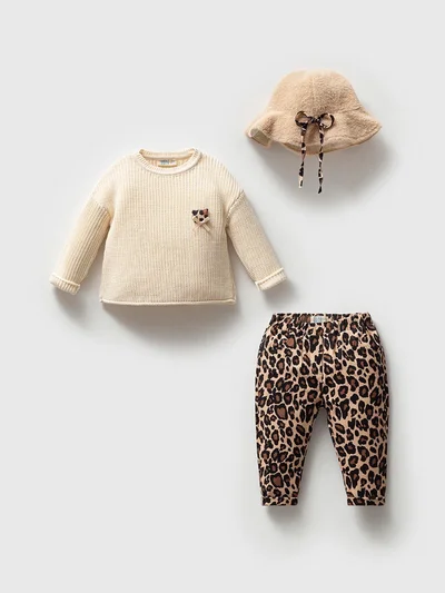 PELUŞ ŞAPKALI LEOPAR ALT ÜST TAKIM