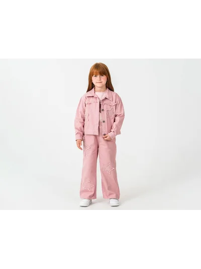 PEMBE YILDIZ NAKIŞLI ÜÇLÜ  KOT TAKIM