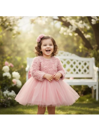 PEMBE GÜL KABARTMALI ELBİSE
