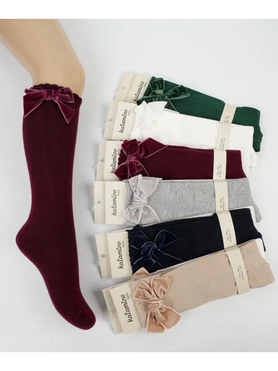 BORDO KADİFE FİYONKLU ÇOCUK ÇORAP