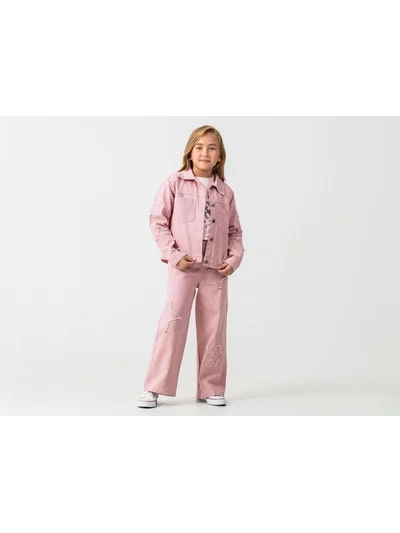 PEMBE YILDIZ NAKIŞLI ÜÇLÜ  KOT TAKIM