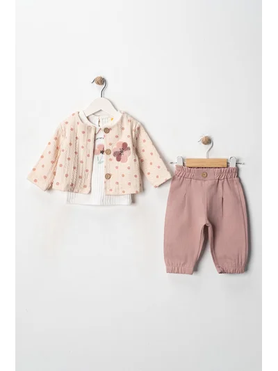 PEMBE KETEN PANTOLONLU ÜÇLÜ TAKIM 