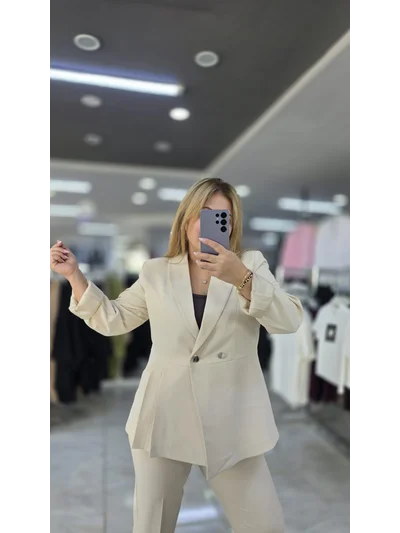 Tasarım Blazer Ceket Pantolon Premium Takım Krem 1203