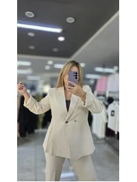 Tasarım Blazer Ceket Pantolon Premium Takım Krem 1203