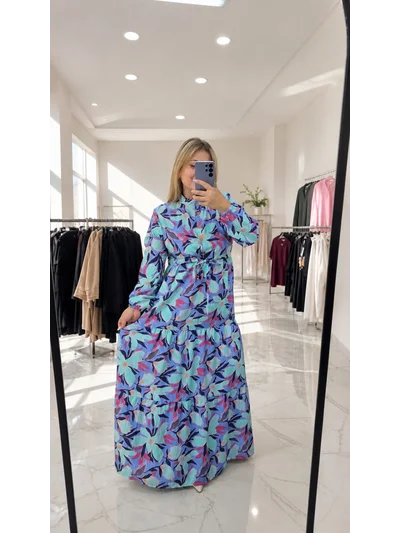Elbise Modal Kumaş Yarım Düğmeli Lila 2552