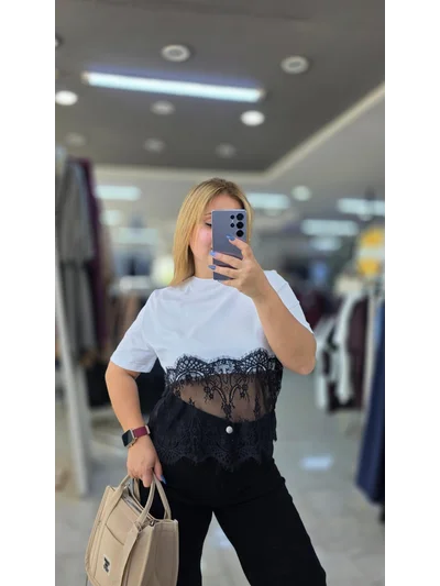 Tişört Etek Ucu Dantelli Beyaz 2209
