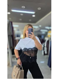 Tişört Etek Ucu Dantelli Beyaz 2209