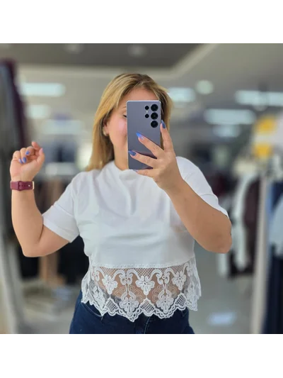 Tişört Crop Dantelli Beyaz 2207