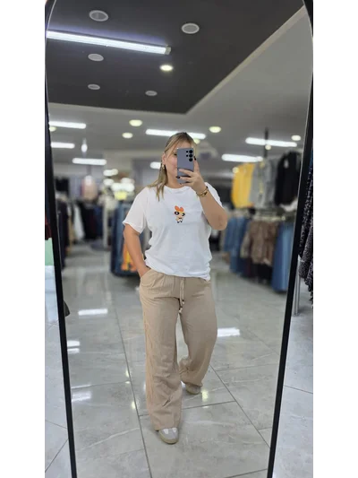 Tensel Pantolon Geniş Paça Krem 2287