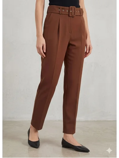 Pantalon Kemerli Pileli Premium Kumaş Kahverengi 2444